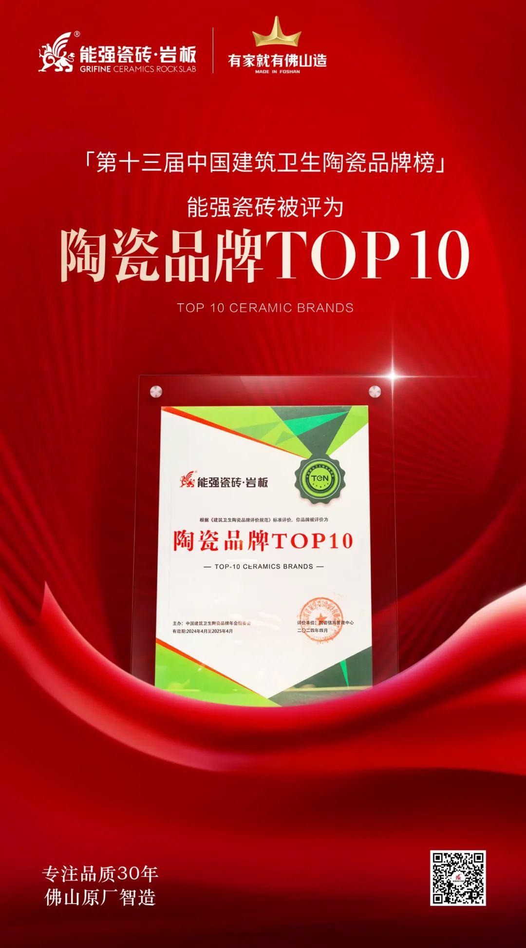 匠心榮耀丨能強瓷磚斬獲“陶瓷品牌TOP10”殊榮！